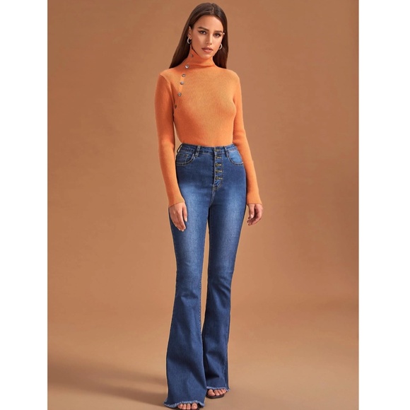 Blue Flared Jeans Denim High Waist Button Fly Bell Bottom - Picture 5 of 6